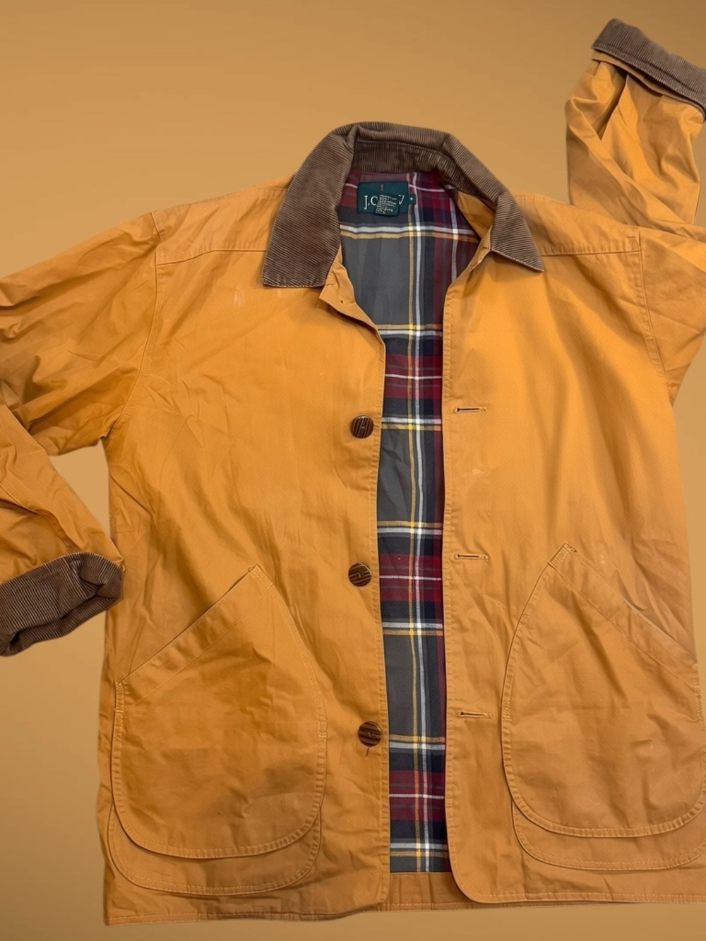 Vintage J. Crew Flannel Lined Chore Coat Jacket Men’s Medium Tan Barn 90s Vtg
